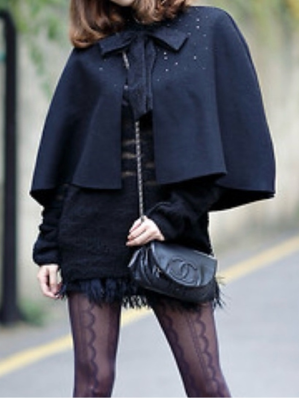 Prabal Gurung Neiman Marcus Black Wool Blend Sequin Bow Cape One Size Designer